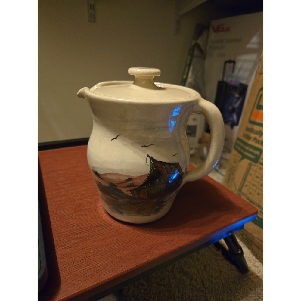 Paul Storie Pottery Marshall TX Hand Painted Barn Landscape Pitcher with Lid